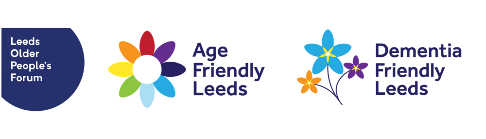 Leeds older peoples forum logo, age friendly Leeds logo and dementia friendly Leeds logo
