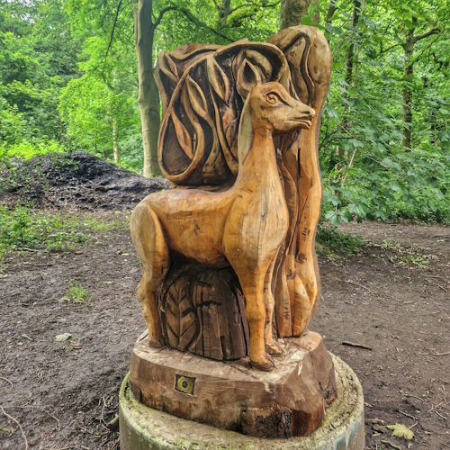 Wooden deer in woods