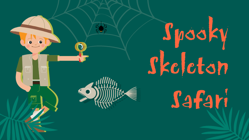 Boy dressed as explorer pointing at text'spooky skeleton safari' on a green background