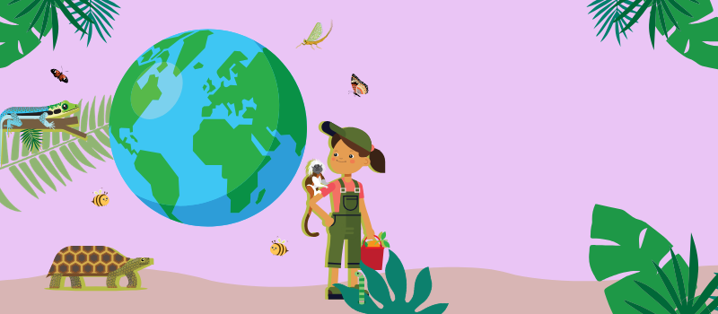 Illustration of explorer with animal and world in the back