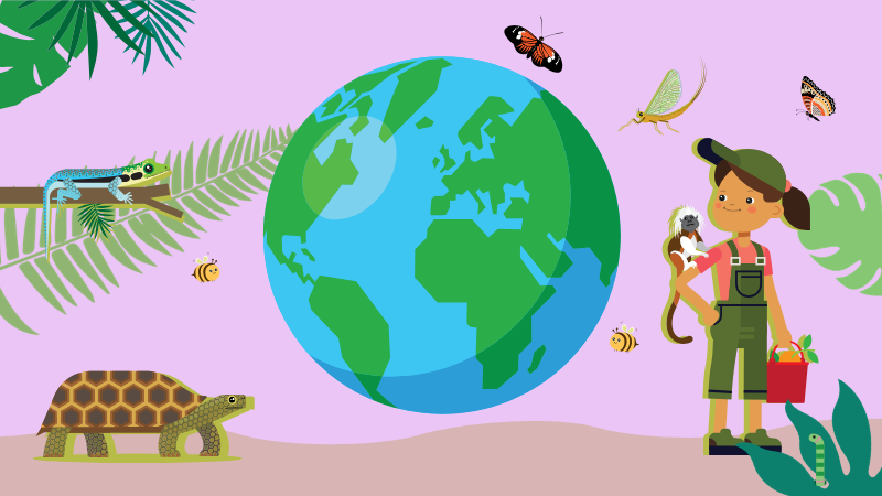 Illustration of explorer with animal and world in the back